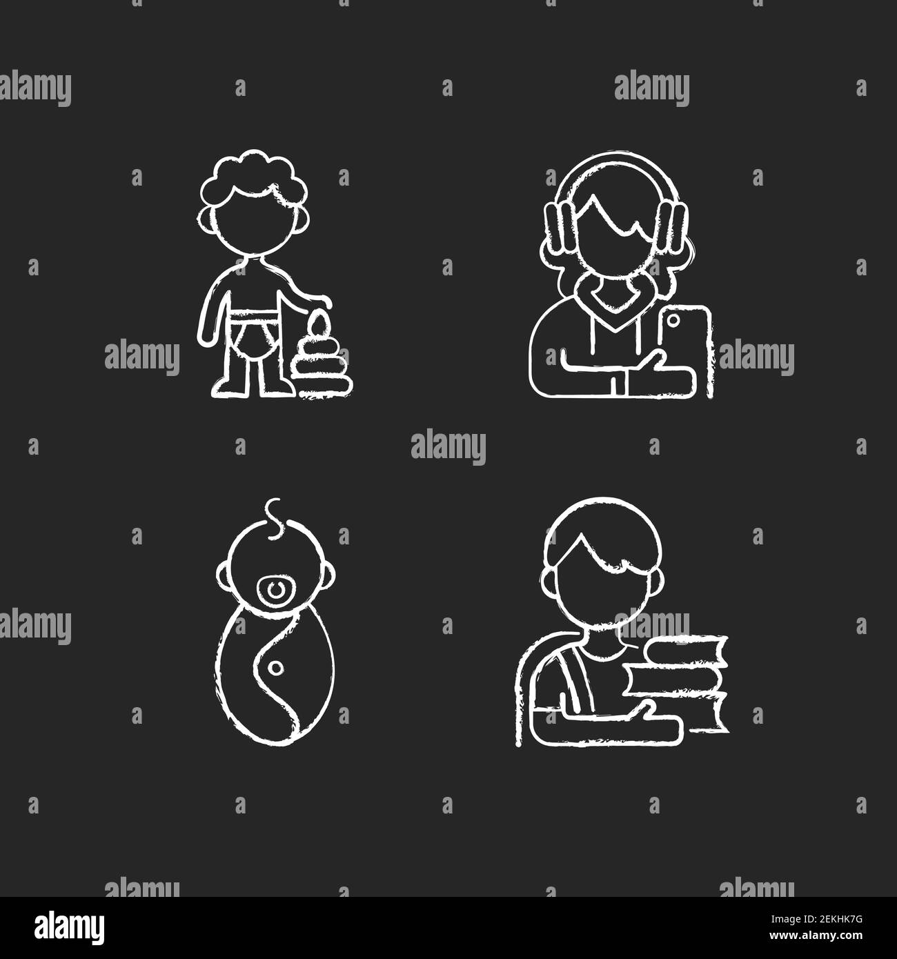 Aging process chalk white icons set on black background Stock Vector