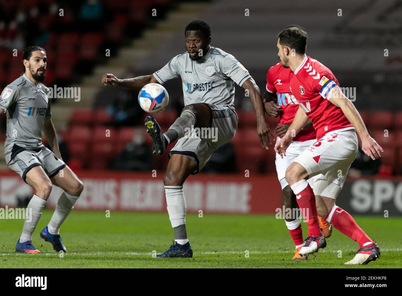 LONDON, ENGLAND. FEB 23RD: Mike Fondop of Burton Albion controls the ball  during the Sky Bet League 1 match between Charlton Athletic and Burton  Albion at The Valley, London on Tuesday 23rd