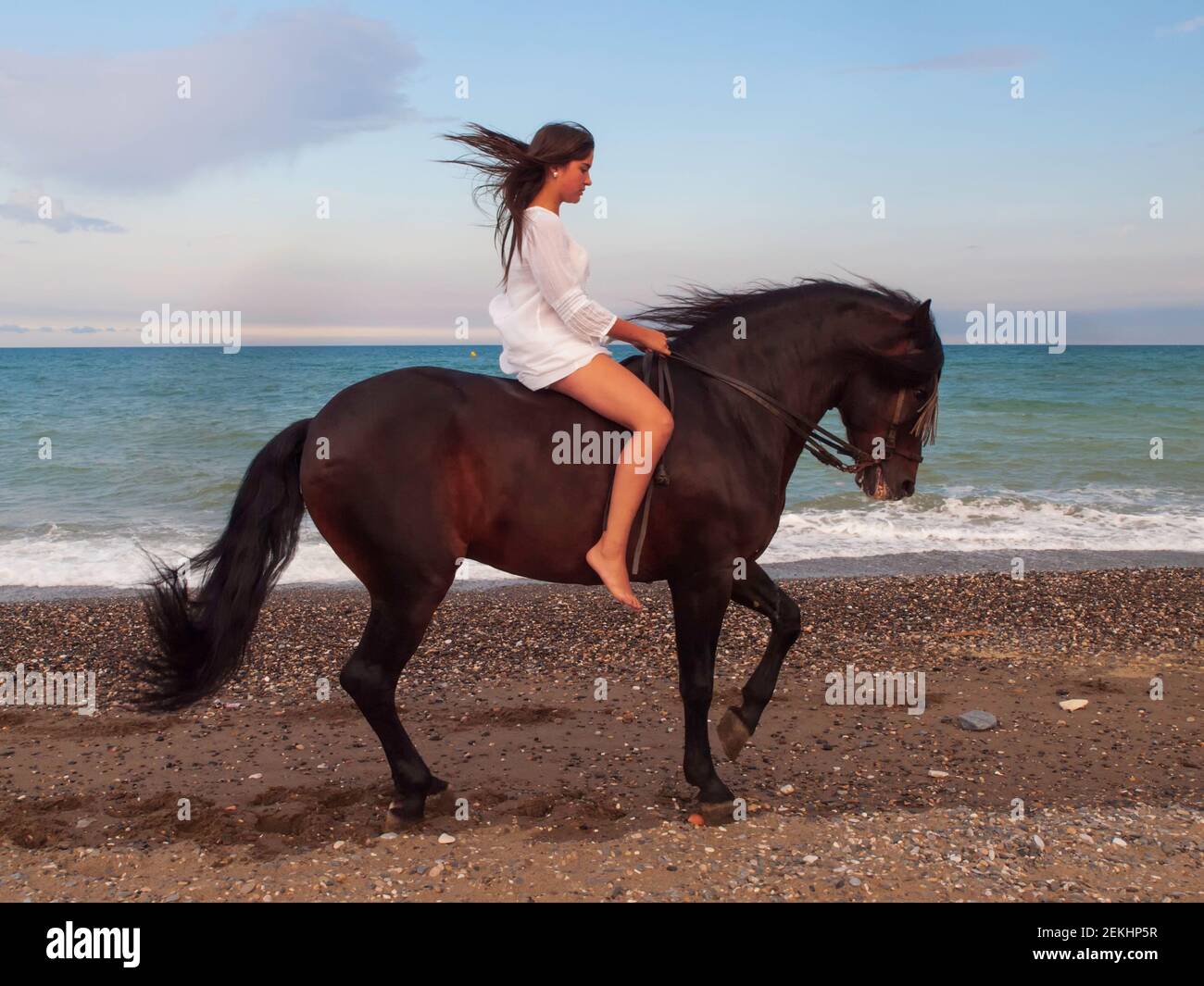 Beautiful barefoot horsewoman in a white dress with her brown horse on