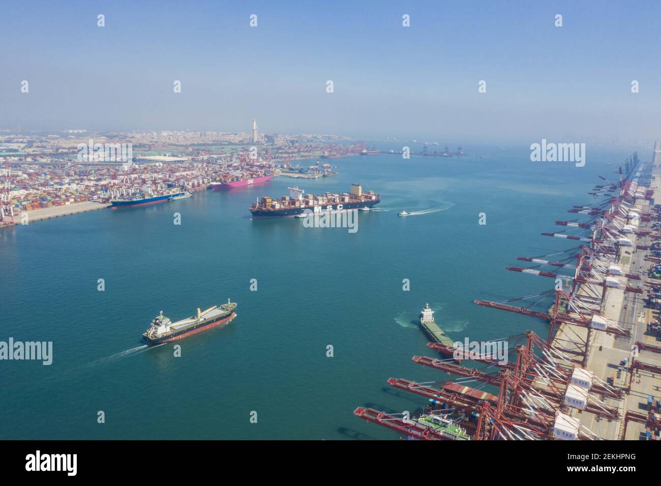 A pink container cargo ship dock on the Qingdao Qianwan Container ...