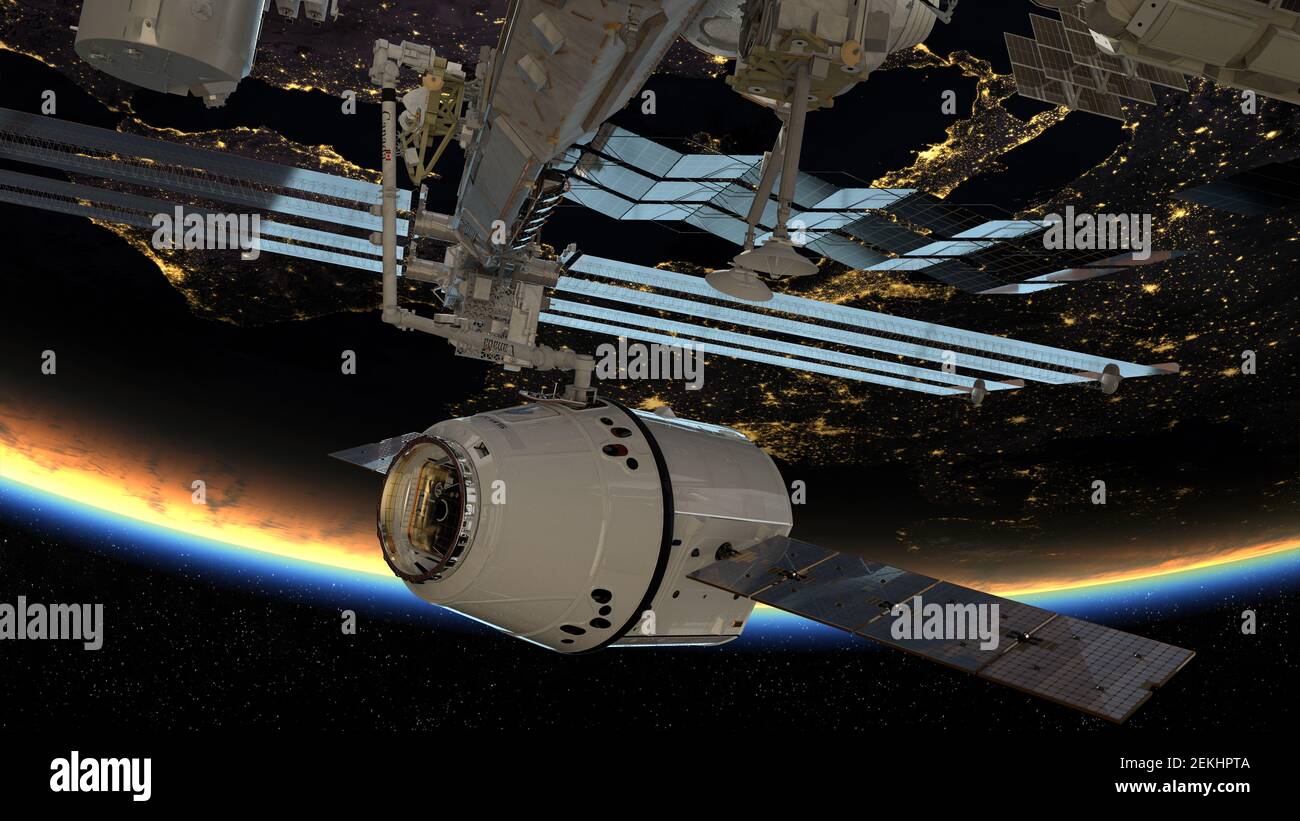 SpaceX Dragon docked to the International Space Station as part of another mission for NASA .Elements of this image furnished by NASA. Stock Photo