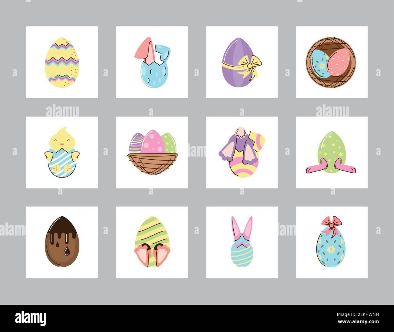 set happy easter celebration rabbit chicken egg and basket icons vector ...