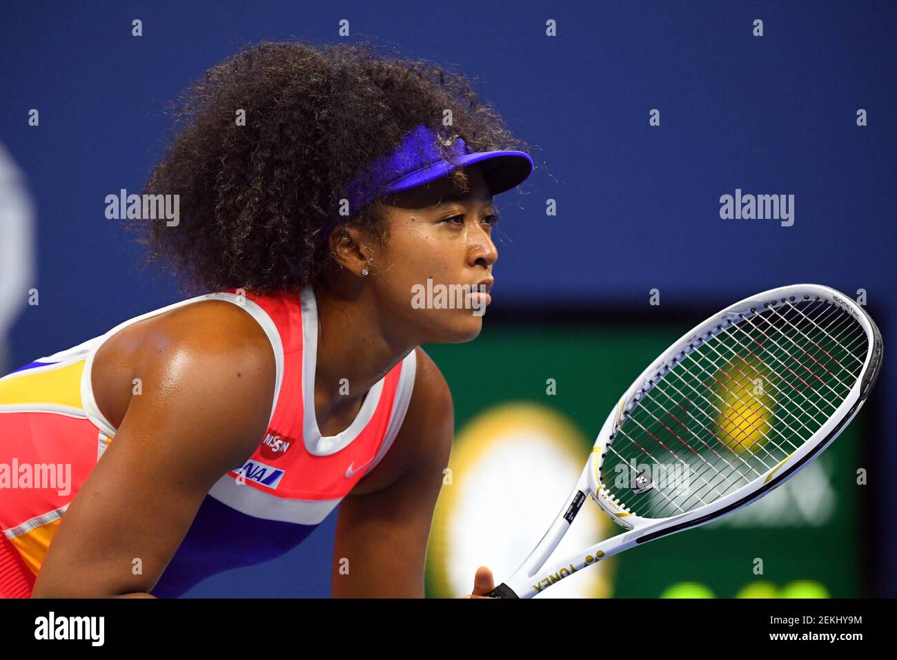 Sep 10, 2020; Flushing Meadows, New York, USA; Naomi Osaka of Japan readies for the serve from Jennifer Brady of the United States in the women's singles semifinals match on day eleven of the 2020 U.S. Open tennis tournament at USTA Billie Jean King National Tennis Center. Mandatory Credit: Robert Deutsch-USA TODAY Sports/Sipa USA Stock Photo