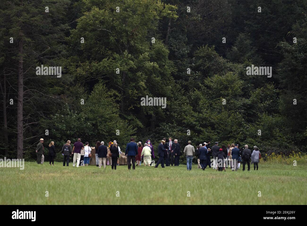 Sept 11, 2020; Stoystown, PA, USA; Family members walk to the rock marking the crash site of Flight 93 at the conclusion of the 19th annual September 11th Observance at the Flight 93 National Memorial in Shanksville, Penn. on Sept. 11, 2020. Mandatory Credit: Jack Gruber-USA TODAY/Sipa USA Stock Photo