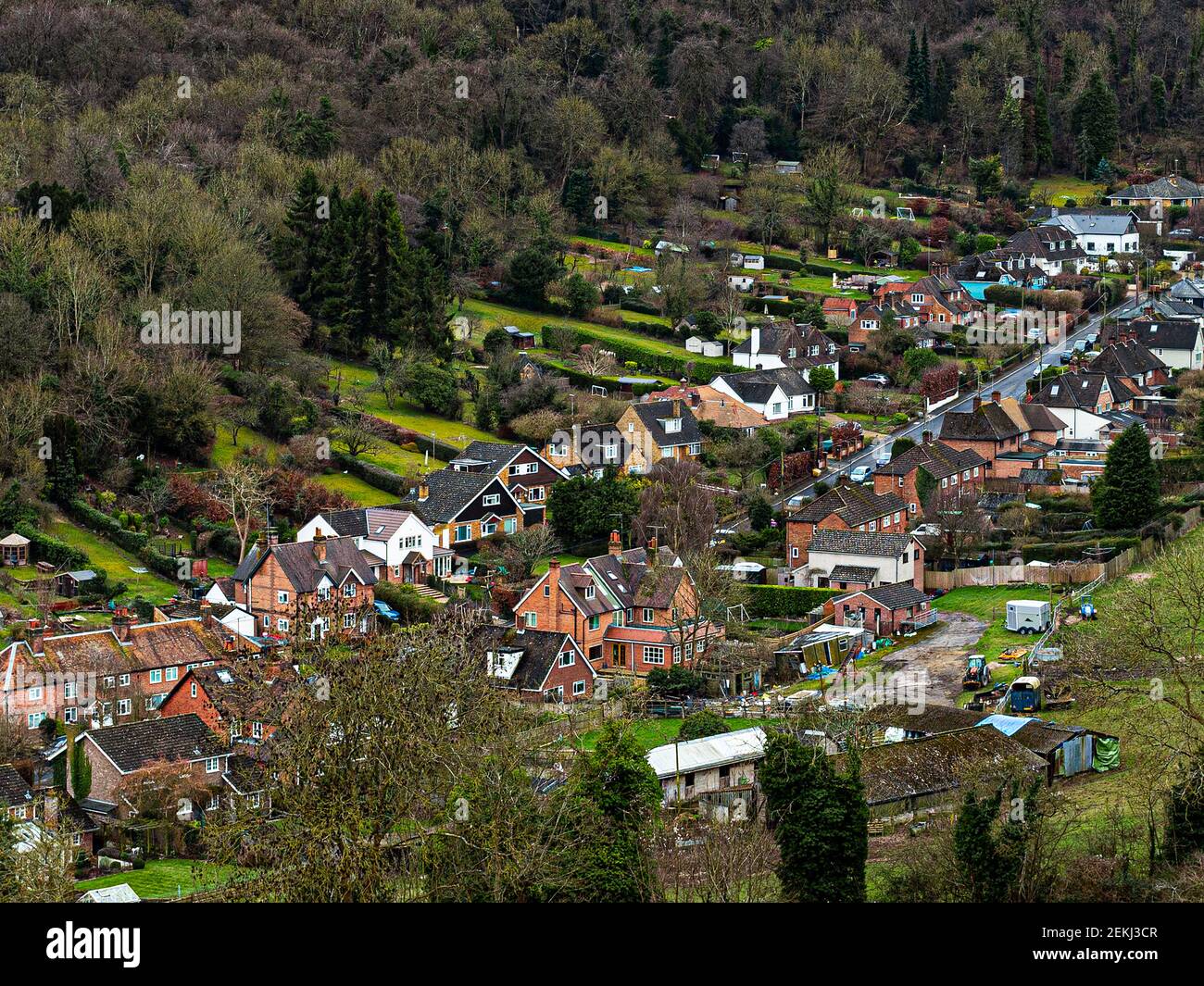 View of a street in Streatley from high on the hill at Lardon Chase, near Strreatley, Berkshire Stock Photo
