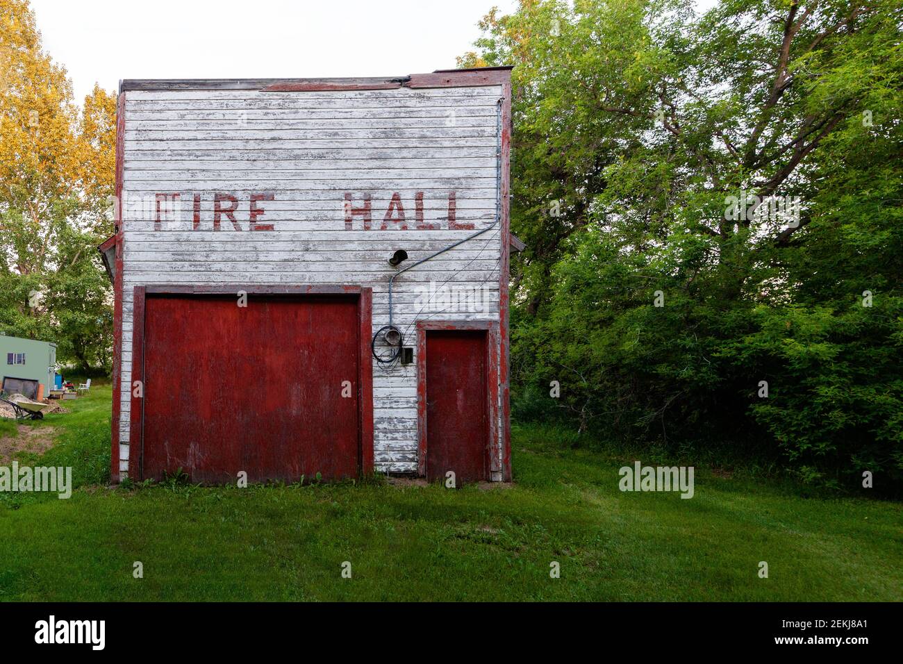 old abandoned Fire Hall in the country; Springwater Saskatchewan Stock Photo
