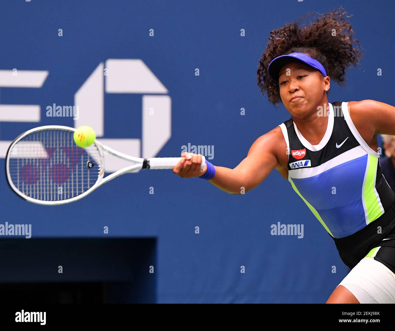 Sep 12, 2020; Flushing Meadows, New York, USA; Naomi Osaka of Japan hits  the ball against Victoria Azarenka of Belarus in the women's singles final  match on day 13 of the 2020