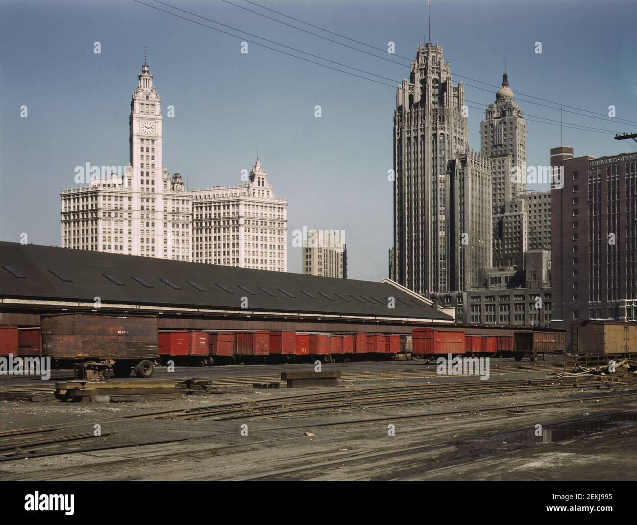 Trucks unloading at Inbound Freight House of Illinois Central Railroad