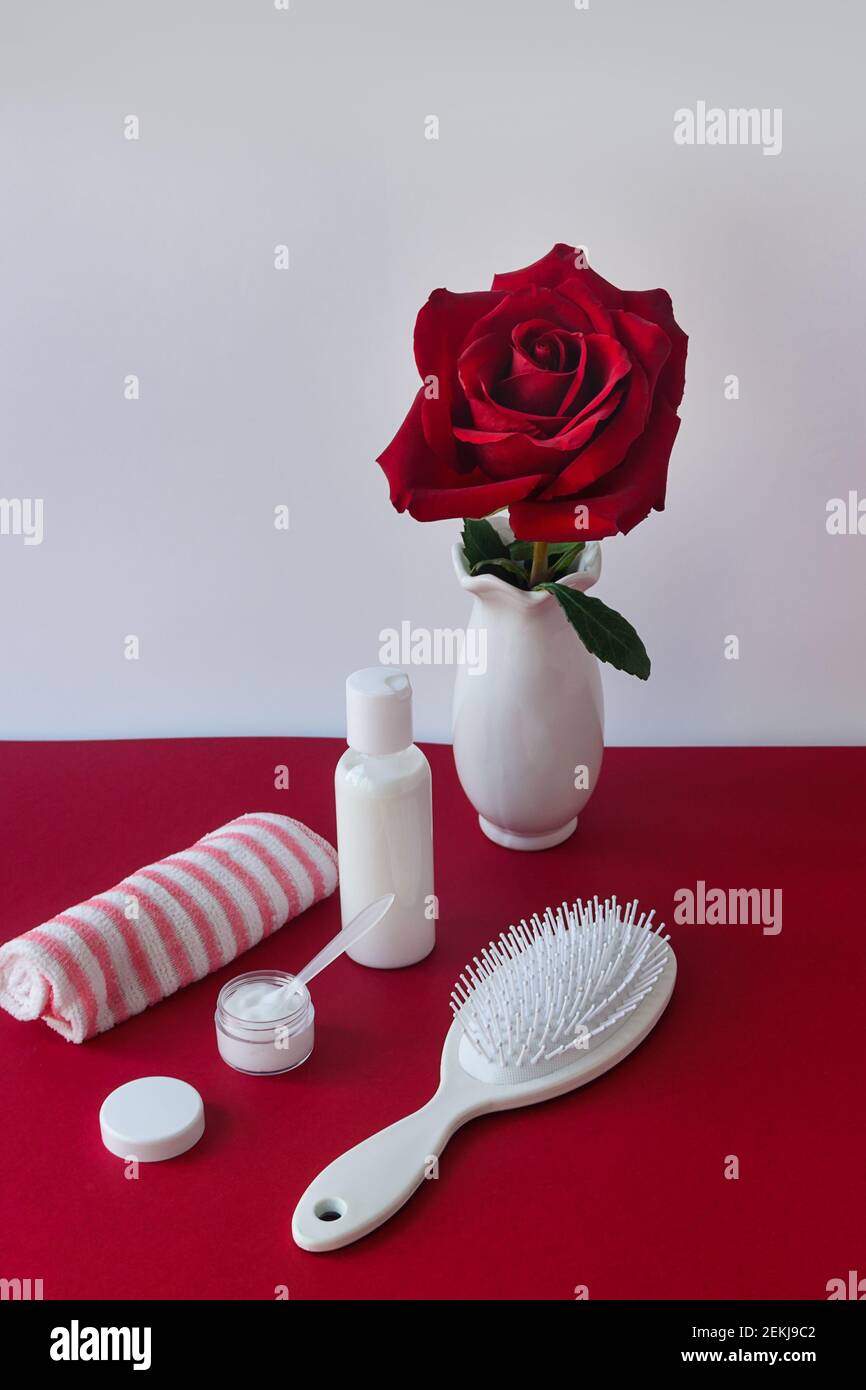 Hair care composition. White hair brush, shampoo and mask in containers without label. Cosmetics on red velvet table with rose flower. Selective focus Stock Photo