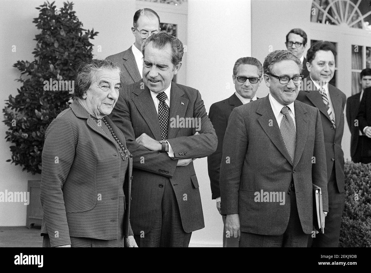 Israeli Prime Minister Golda Meir standing with U.S. President Richard Nixon and U.S. Secretary of State Henry Kissinger, outside of White House, Washington, D.C., USA, Marion S. Trikosko, November 1, 1973 Stock Photo
