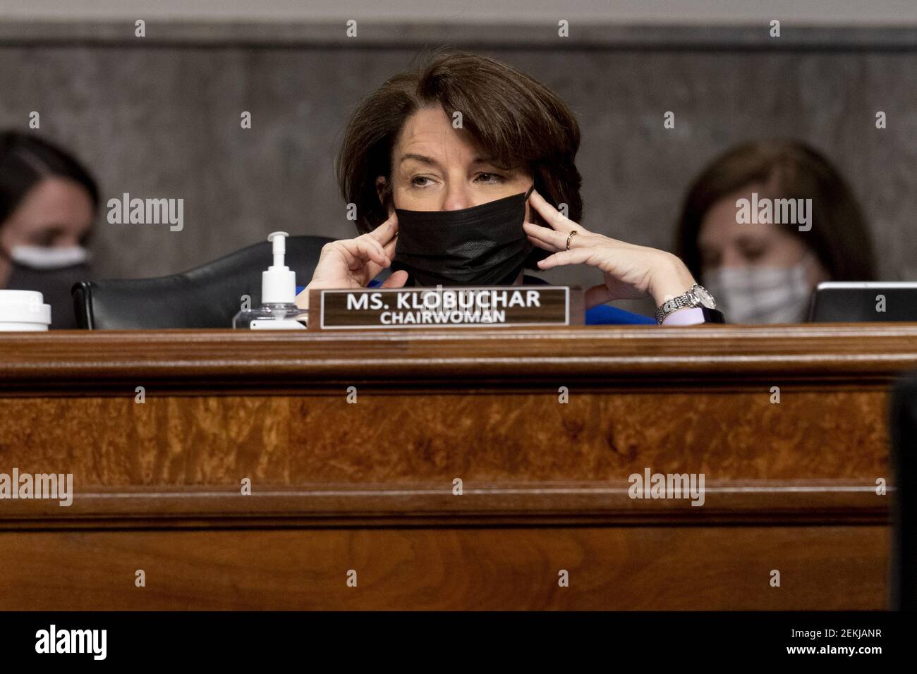 Washington, United States. 23rd Feb, 2021. Chairwoman Sen. Amy Klobuchar, D-Minn., appears at a Senate Homeland Security and Governmental Affairs & Senate Rules and Administration joint hearing on Capitol Hill, Washington, DC on Tuesday, February 23, 2021, to examine the January 6th attack on the Capitol. Pool Photo by Andrew Harnik/UPI Credit: UPI/Alamy Live News Stock Photo
