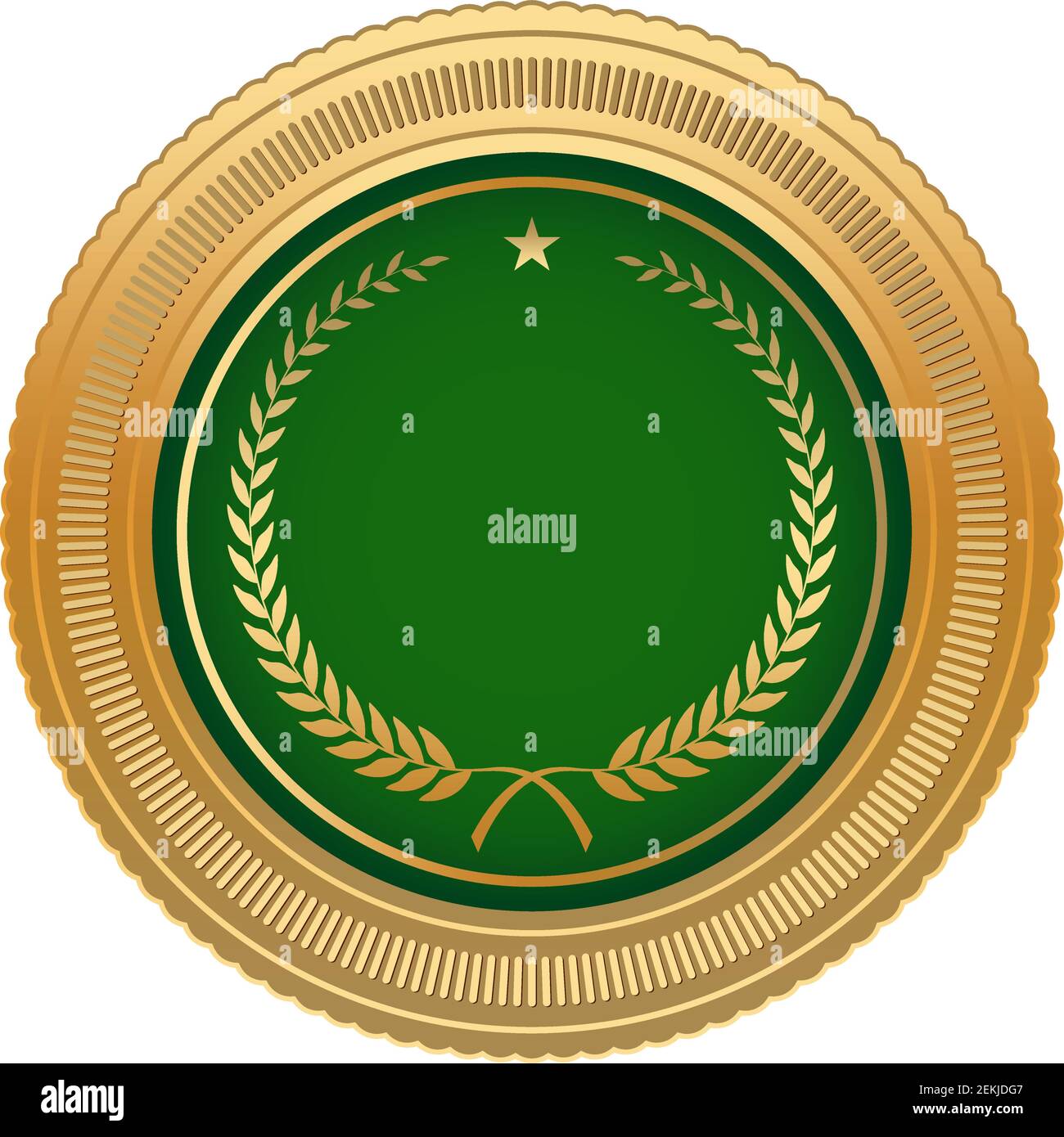 Medal Award vector with gold frame and green medal on white isolated back. Vector Illustration with gold frame, laurel wreath, star and green medal. Stock Vector