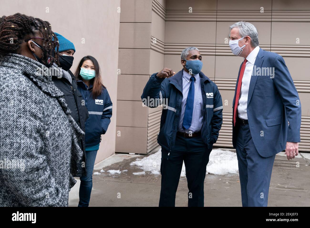 New York, NY - February 23, 2021: Mayor de Blasio and James Hendon seen after celebrating 1000th veteran experiencing homelessness received own apartment at 410 Grand street Stock Photo