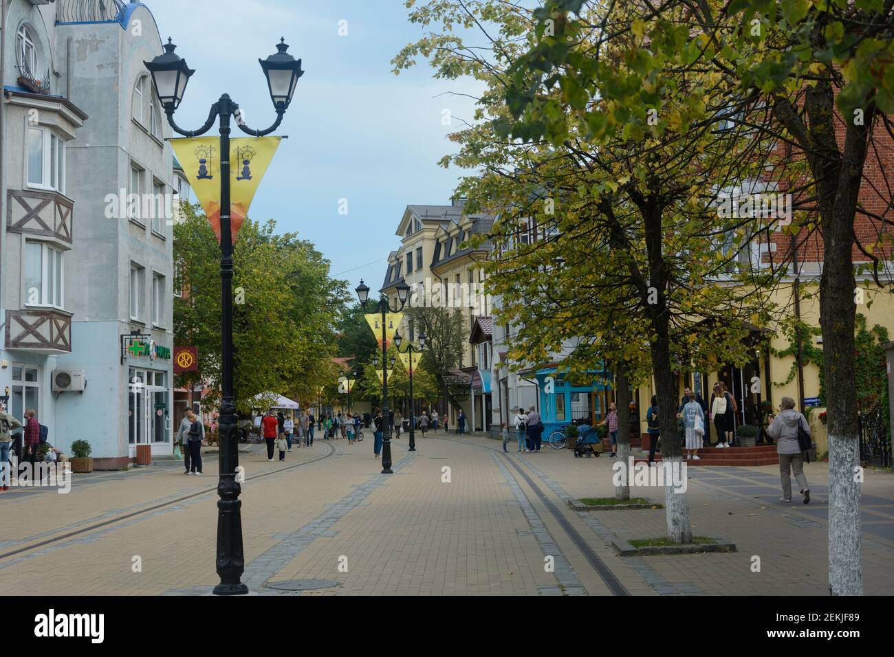 Zelenogradsk, Kaliningrad region, Russia - September 2020: Kurortny prospect, tourist street. Walking area along ancient buildings. Stock Photo