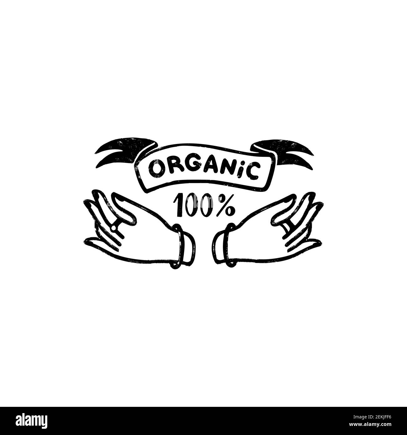 100 percent organic vector logo - a vintage handmade badge with hands and ribbon in stamp style. Vintage vector illustration Stock Vector