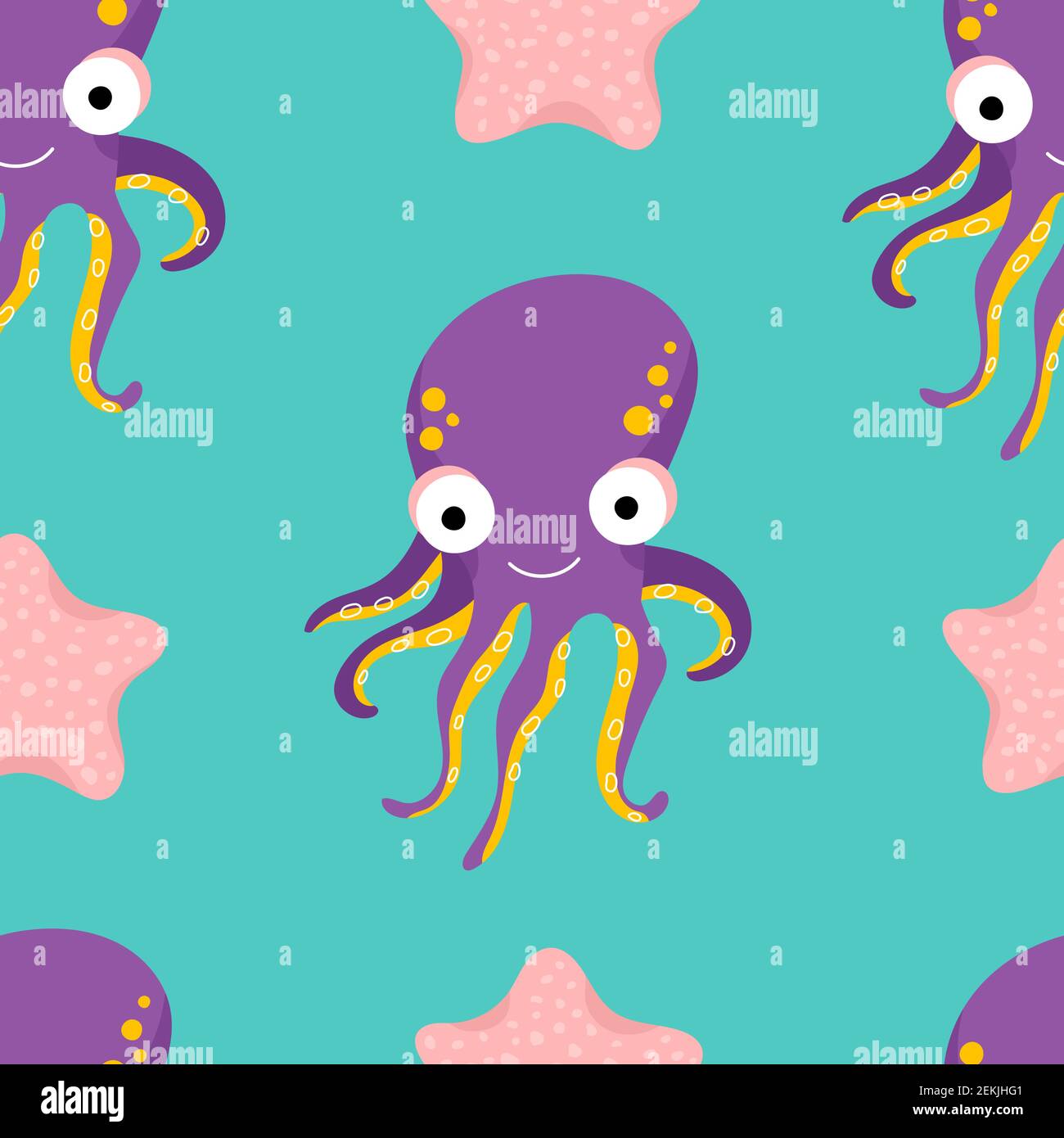 Vector Seamless Pattern with cute Octopus and Starfish. Designed as a textile pattern for children clothing etc. Stock Vector
