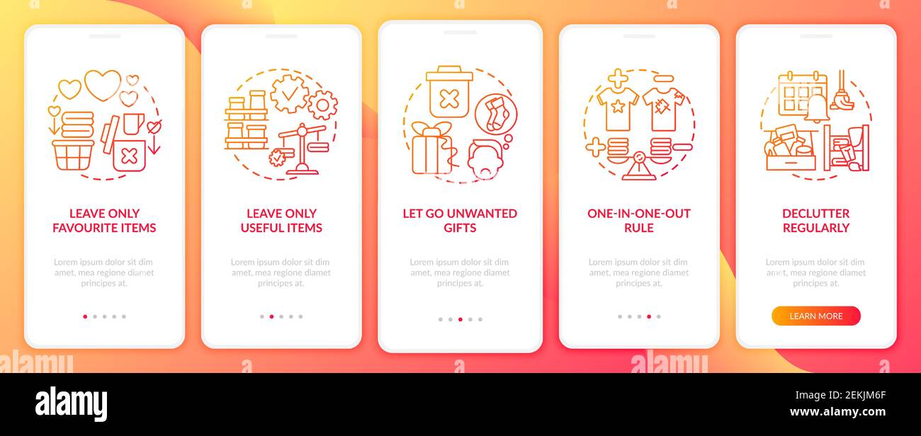 Decluttering tips oonboarding mobile app page screen with concepts Stock Vector