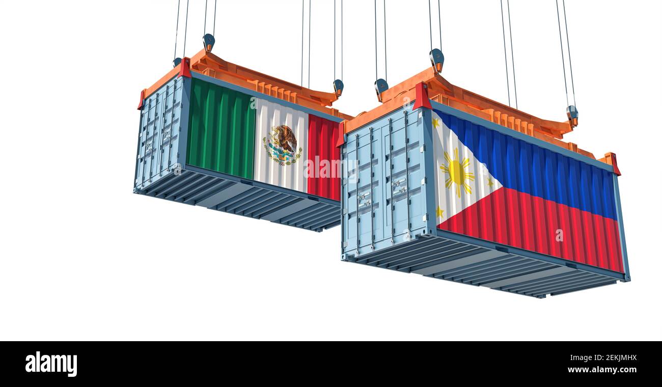 Freight containers with Philippines and Mexico flag. 3D Rendering Stock Photo