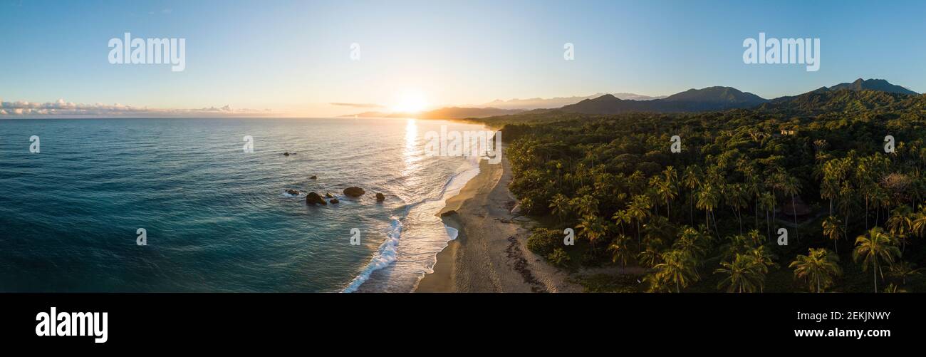 Aerial view of Playa Los Angeles at sunrise, Magdalena Department, Colombia Stock Photo