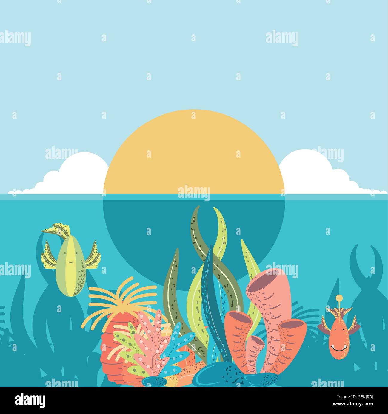 underwater world sunset ocean fishes coral and algae vector cartoon ...