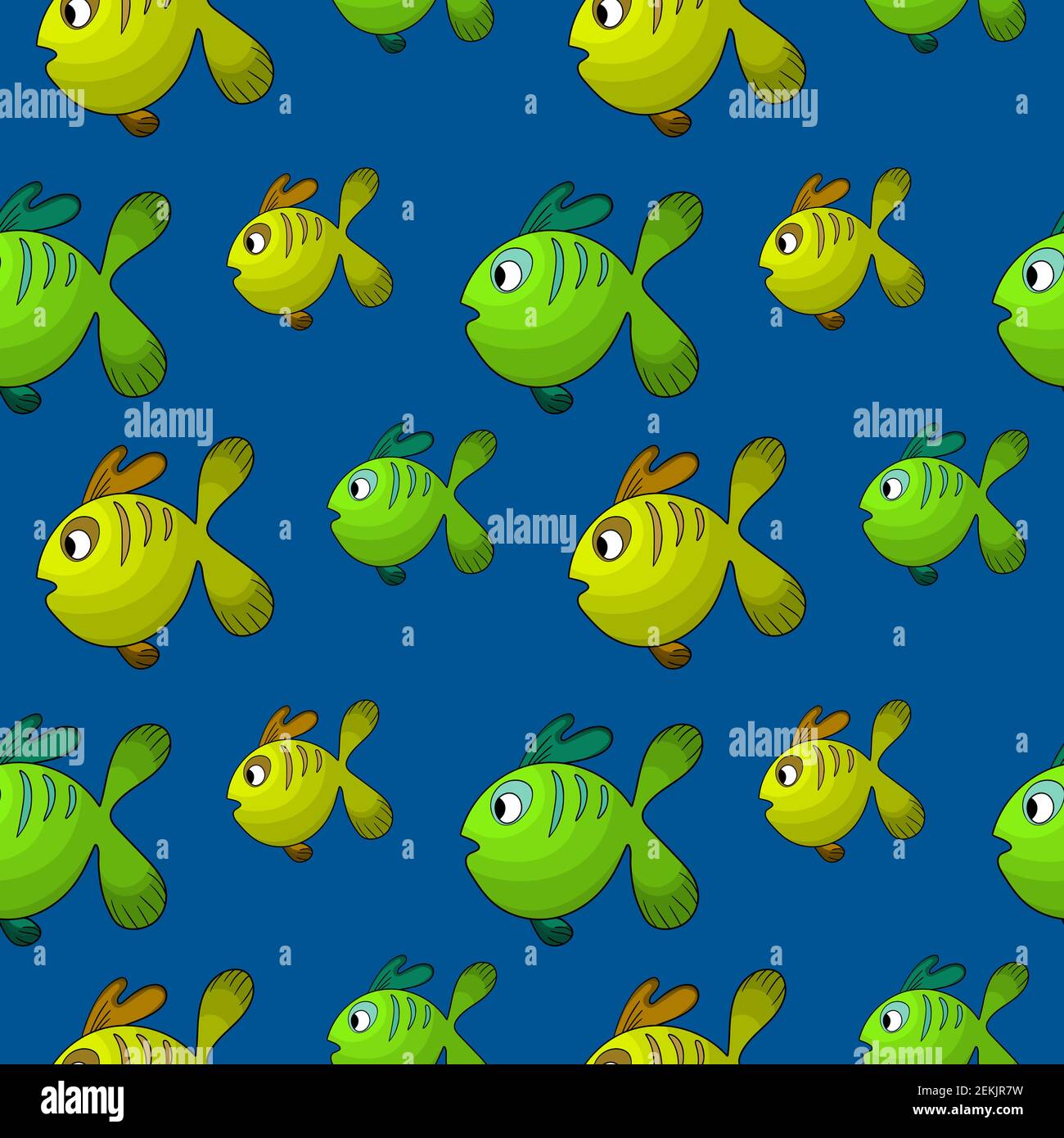 Seamless pattern with cute fish on blue background. Vector cartoon