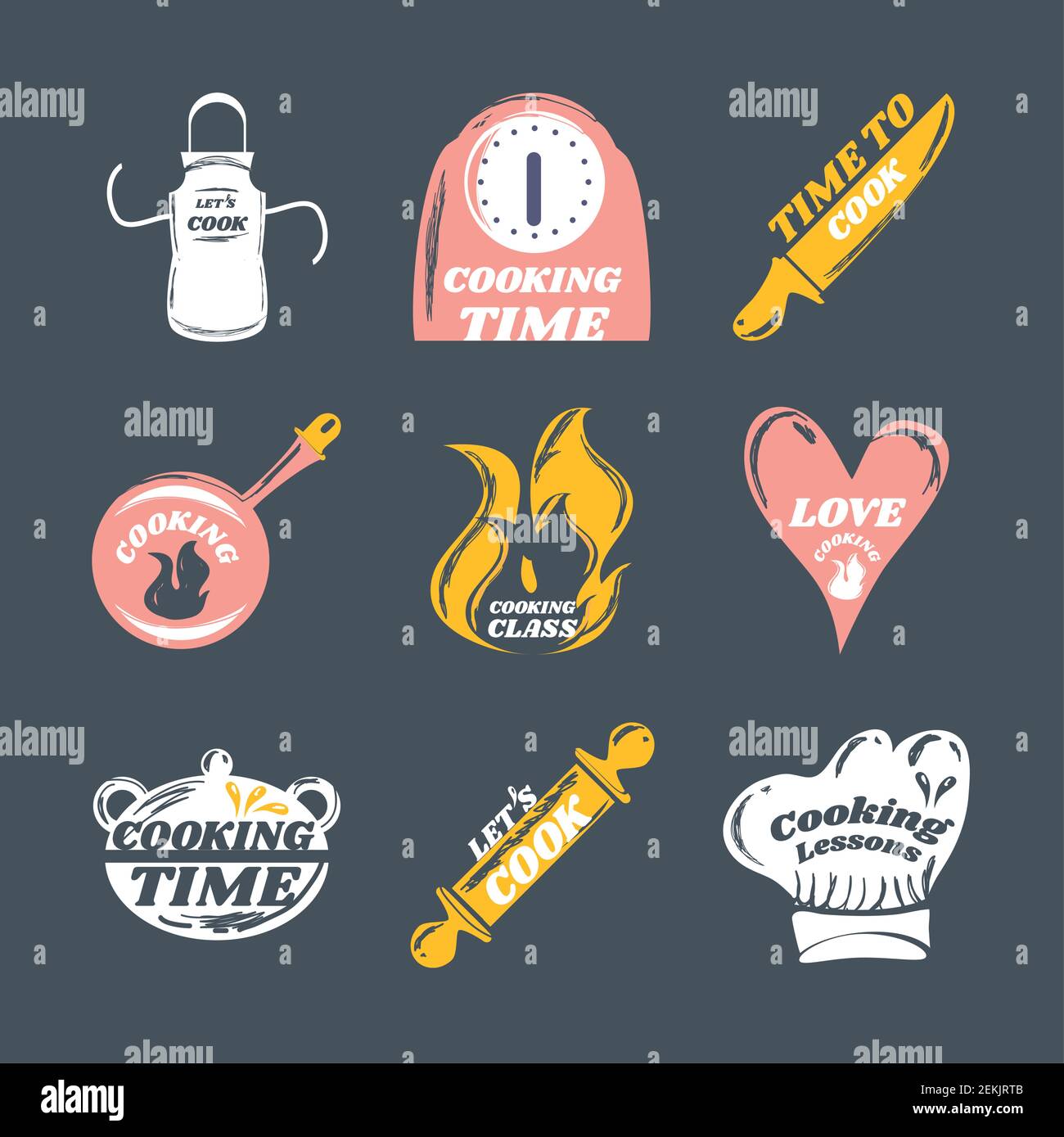set cooking apron icon rolling pin hat chef and saucepan icons vector ...