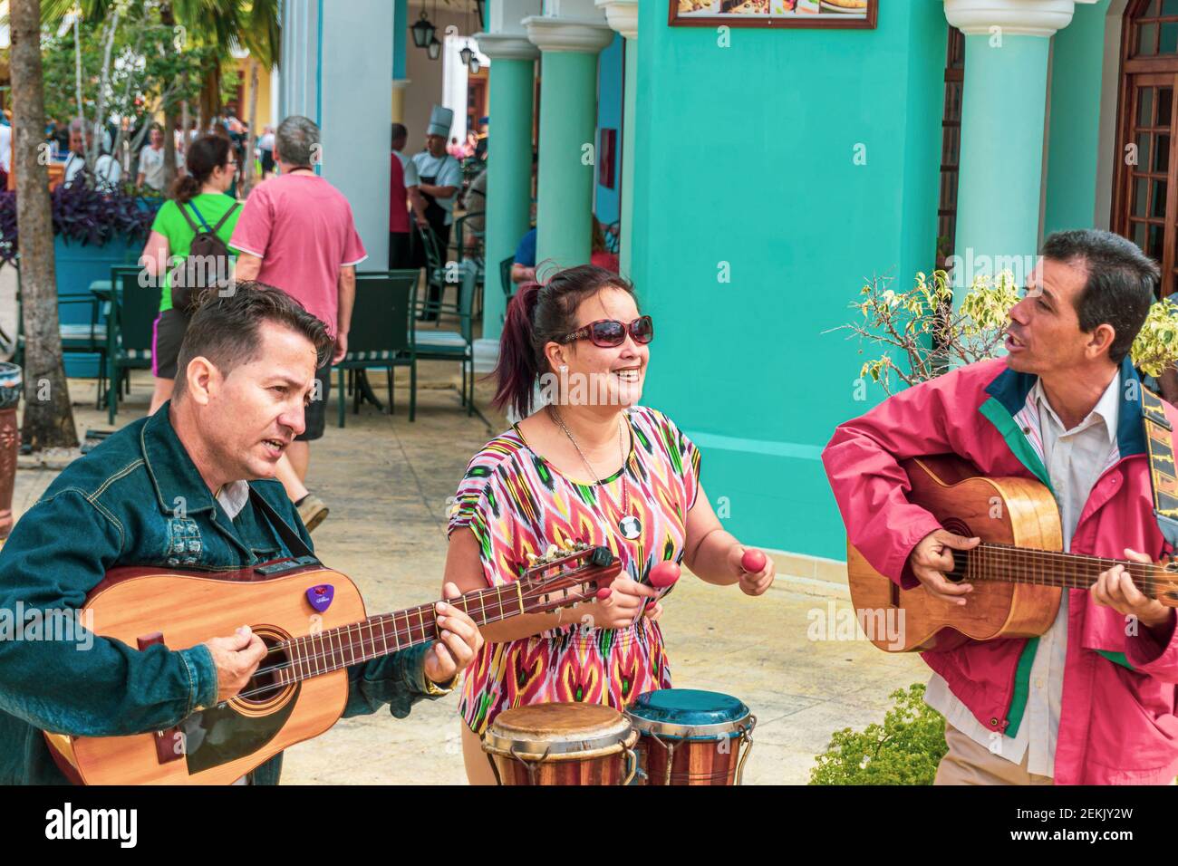 Cayo Santa Maria, Cuba, February 2016 - Local artist musicians performing outdoor on the street of La Estrella, a busy tourist area  Stock Photo