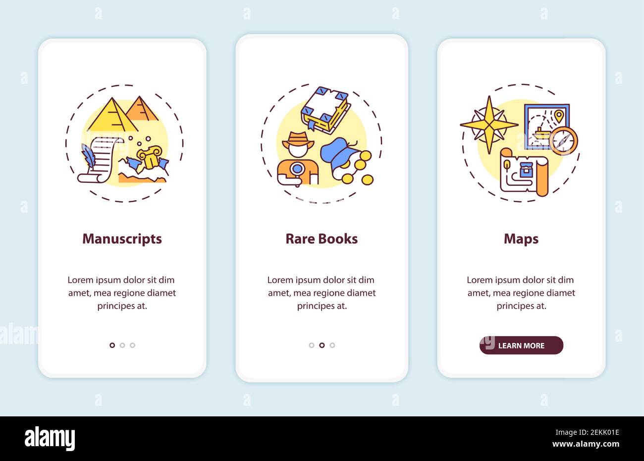Archive collections onboarding mobile app page screen with concepts Stock Vector