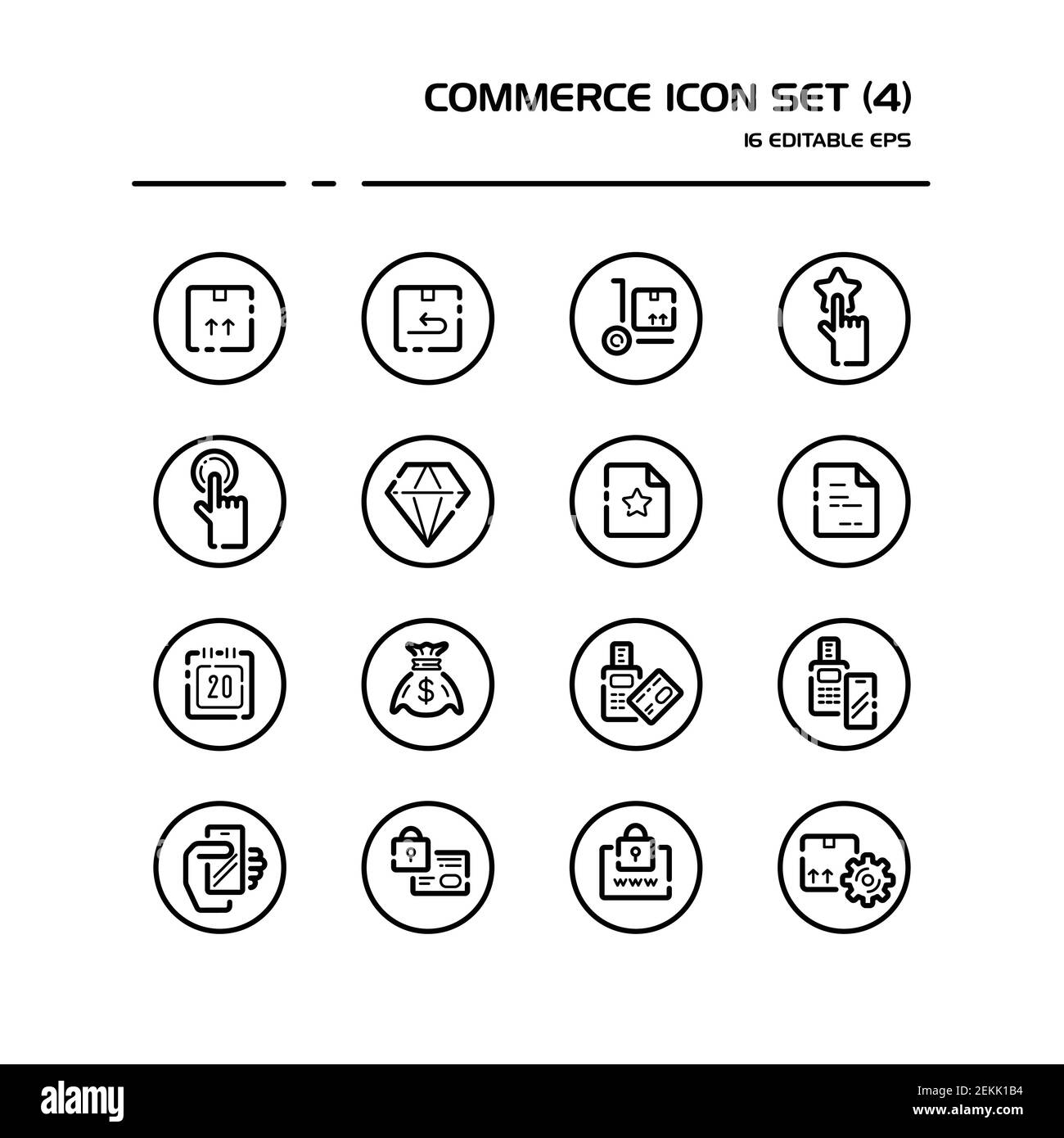Commerce line icon set in a circle. Box, diamond, hand, swiping machine, security, money and calendar. Isolated group. Outline vector illustration Stock Vector