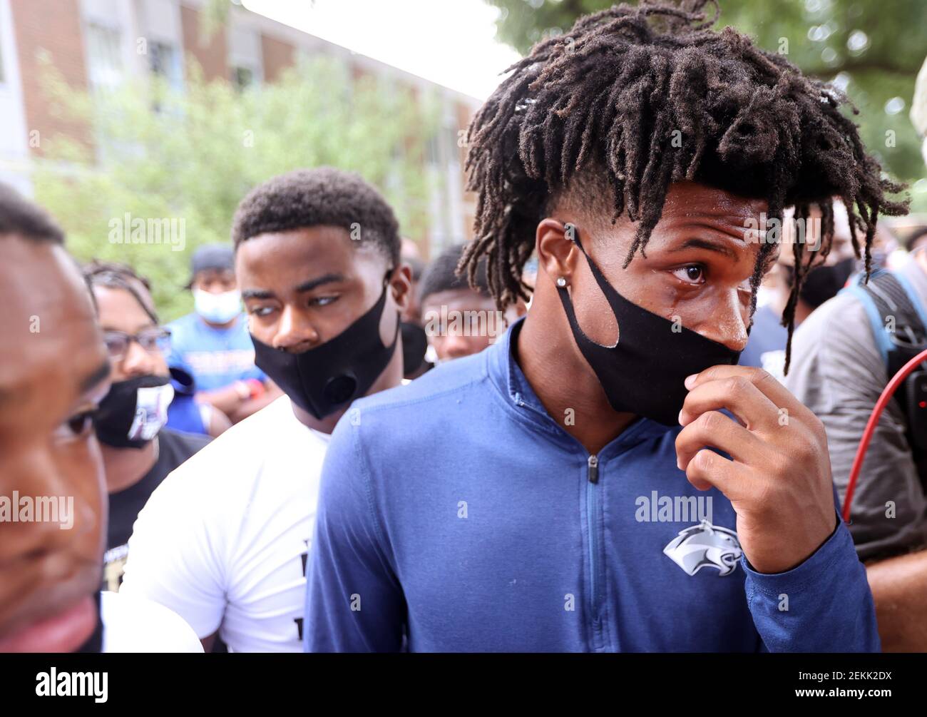 Kaleb Almo sheds a tear as he talks about losing his mother to cancer and how football has become one of the things in his life that helps him stay positive, as he joins fellow student athletes gathered outside the Shelby County Board of Education offices to protest the decision to postpone fall sports in the district on Wednesday, September 16, 2020 in Memphis, TN. Jrca5520 (Photo by Joe Rondone/The Commercial Appeal/USA Today Network/Sipa USA) Stock Photo