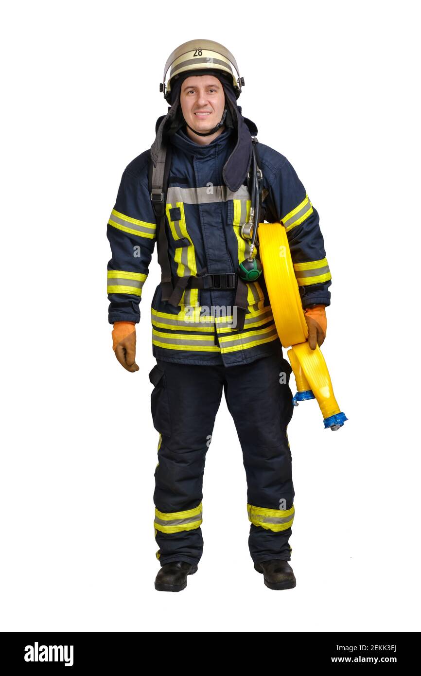 Young man in firefighter uniform and hardhat Stock Photo Alamy