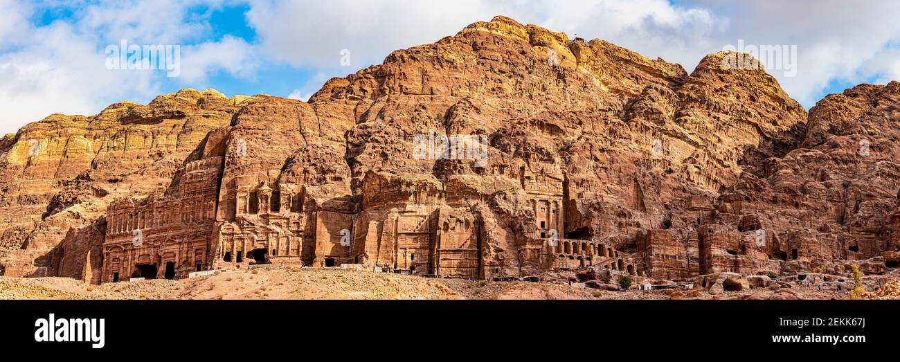 Rock formations with view of Royal Tombs, Petra, Jordan Stock Photo