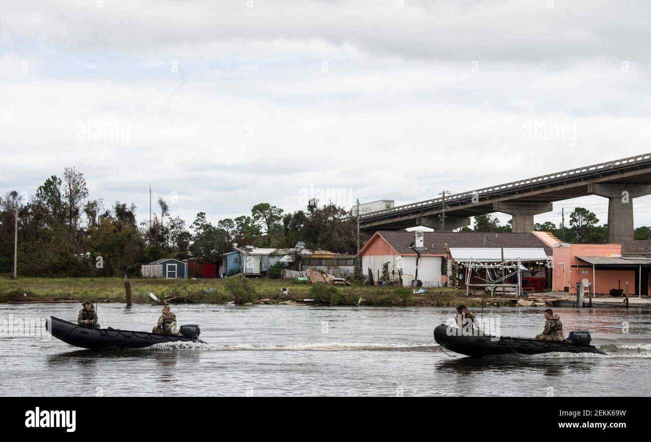 Military rescue boats drive under the Theo Baars Bridge in Perdido Key, Fla., on Thursday, Sept. 17, 2020. Hurricane Sally made landfall as a Category 2 early Wednesday morning. (Photo by Jake Crandall/ Advertiser/USA Today Network/Sipa USA) Stock Photo