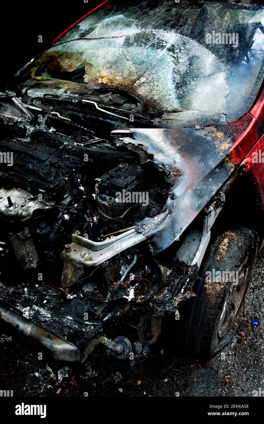 Fire damaged car, Barcelona, Spain. Stock Photo