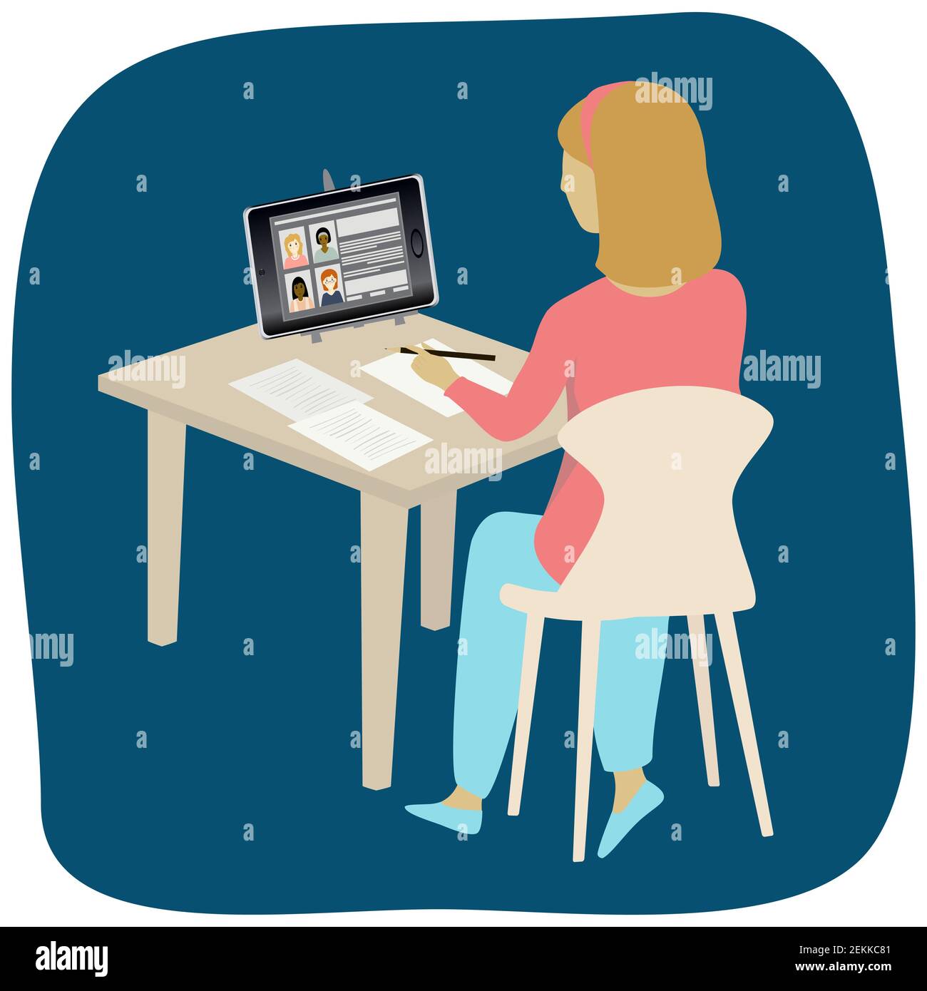 Girl friends chat online. Girl sitting in a chair in front of a laptop and  speaks with friend. Video conference, online chat concept. Working or online  meeting from home. Vector flat illustration.