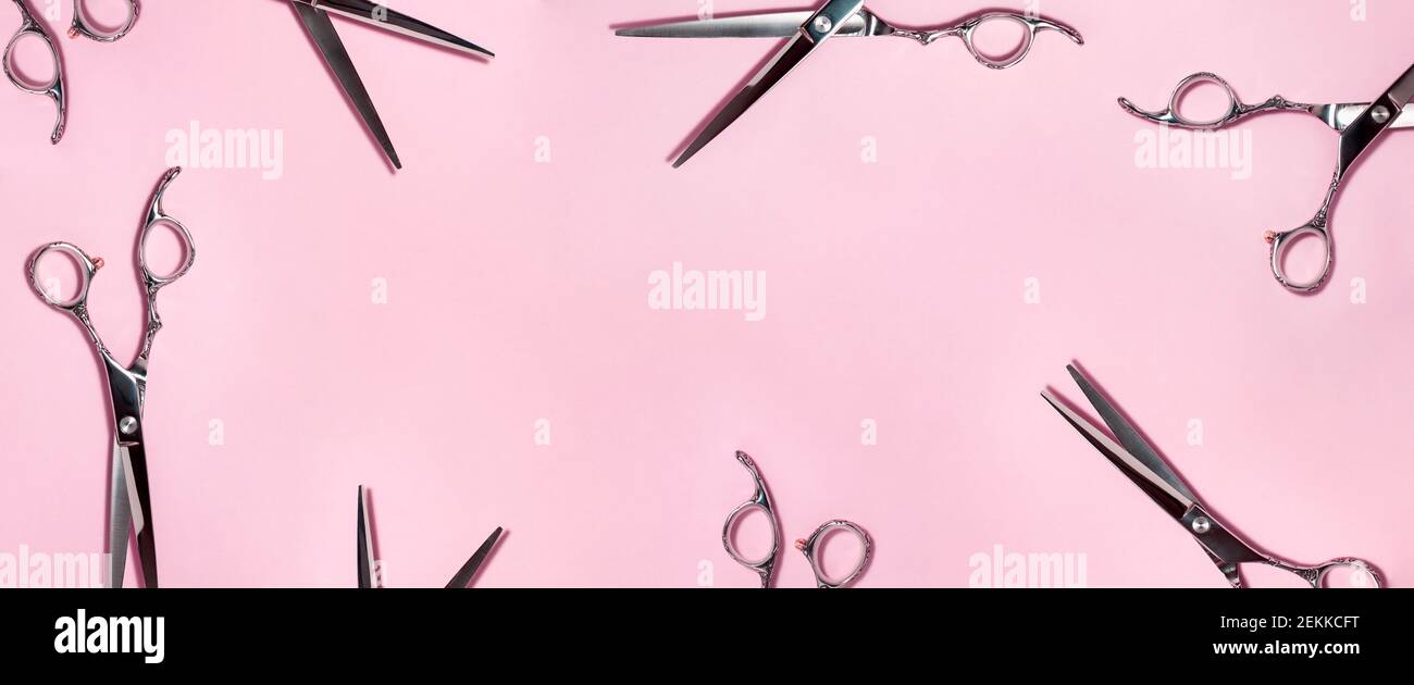 Banner flat lay from above of professional silver hair cutting shears set on pink background Hairdresser salon equipment and haircut work tools concep Stock Photo