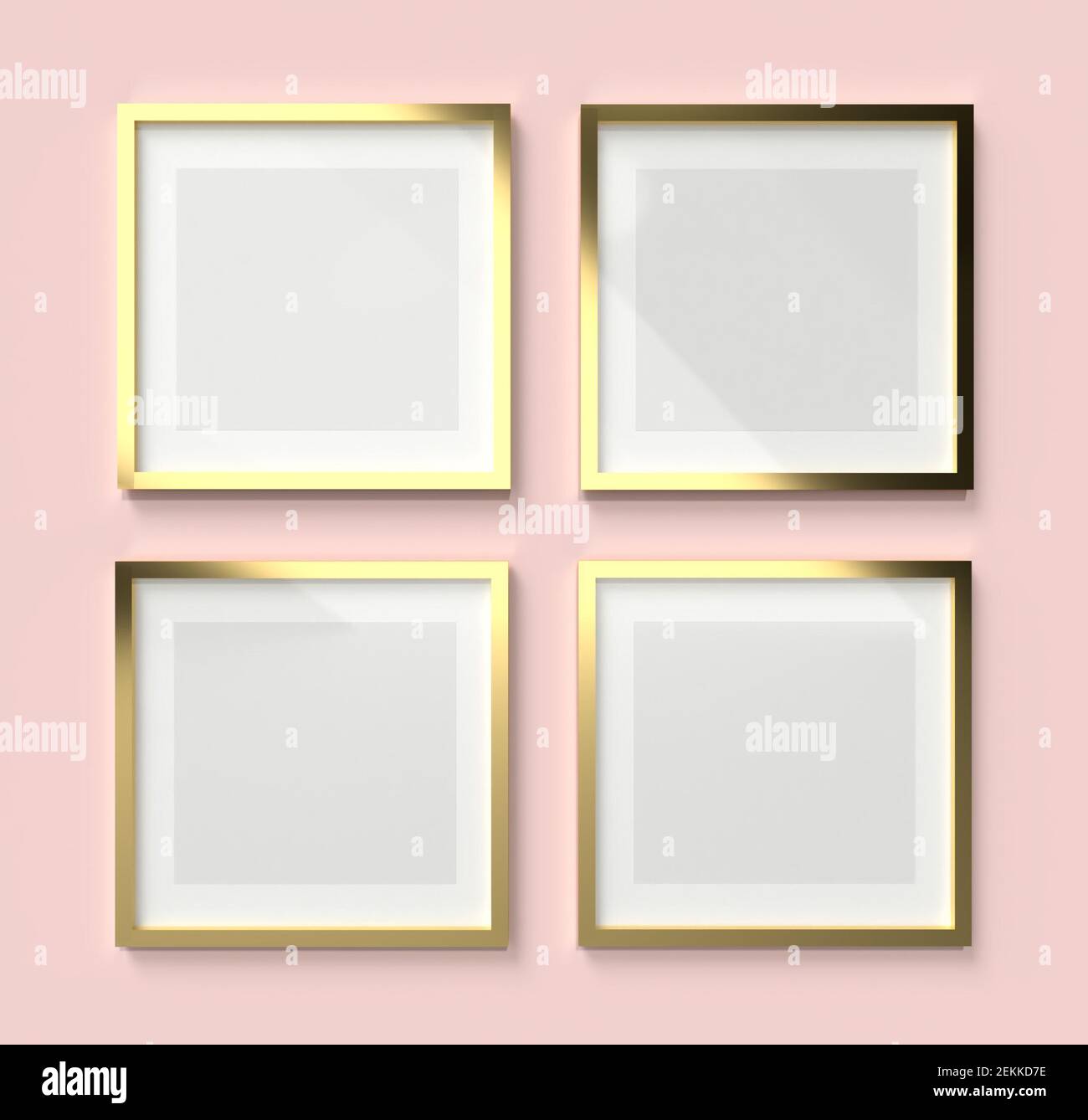 3D Render mockup of four square golden empty frame with white paper