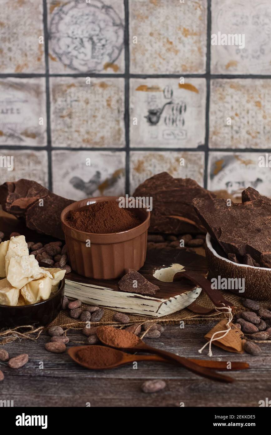 Unsweetened baking block chocolate, cocoa powder, cocoa butter and