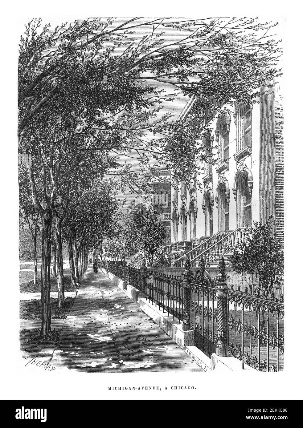 View of Michigan Avenue, Chicago, 1871; elegant facade, trees, residencial street, 19th century style; Engraving in the book “Promenade autour du mond Stock Photo