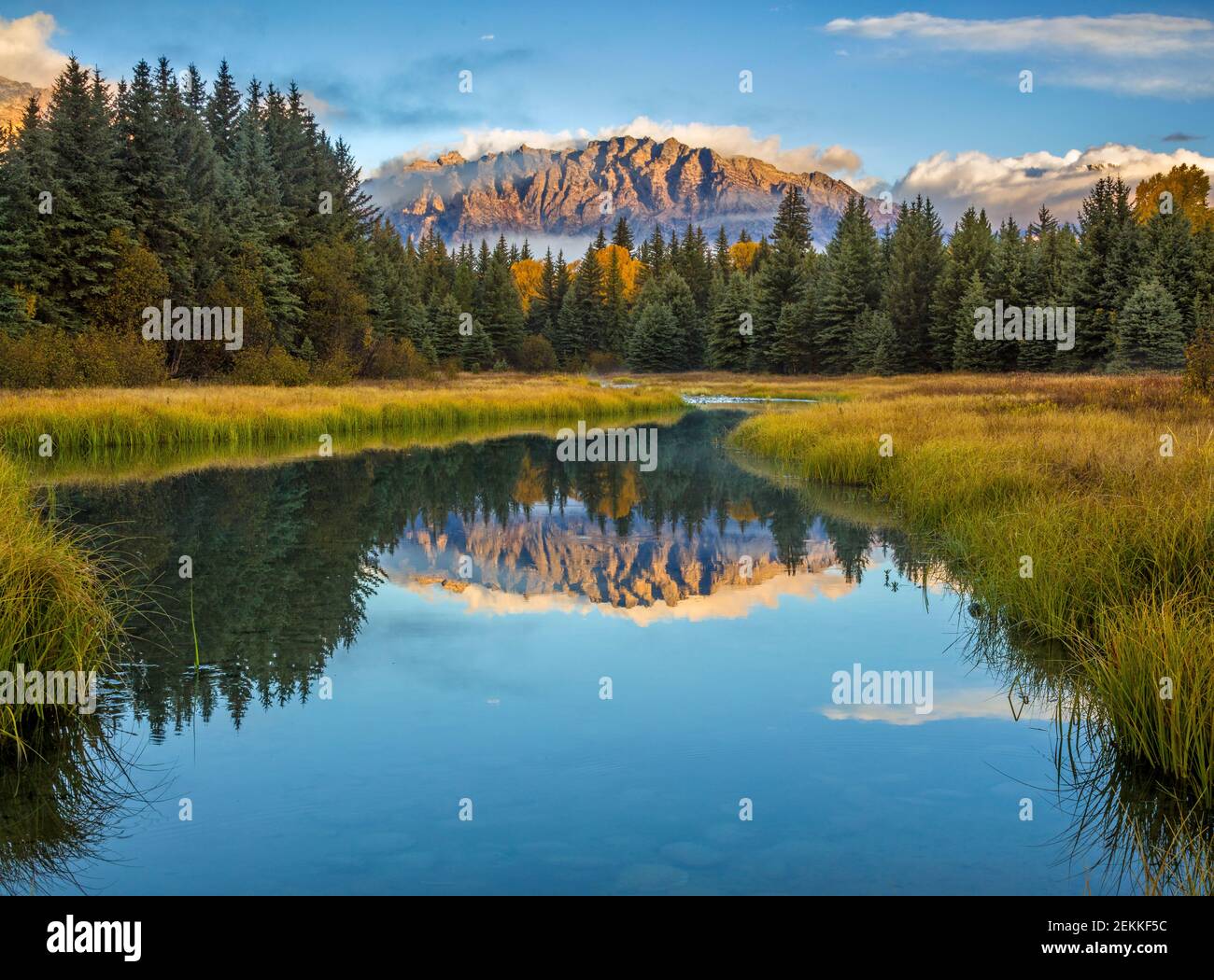 Grand Teton National Park, WY: Mount St John reflected in the still waters of the Snake River in fall Stock Photo