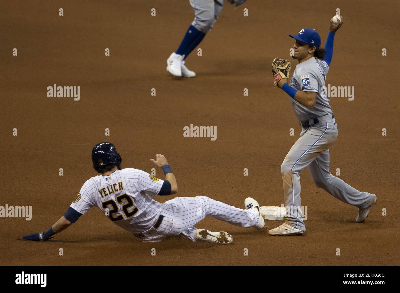 September 19, 2020: Kansas City Royals second baseman Nicky Lopez #1 turns  a double play as Milwaukee Brewers right fielder Christian Yelich #22  slides into second base during the Major League Baseball