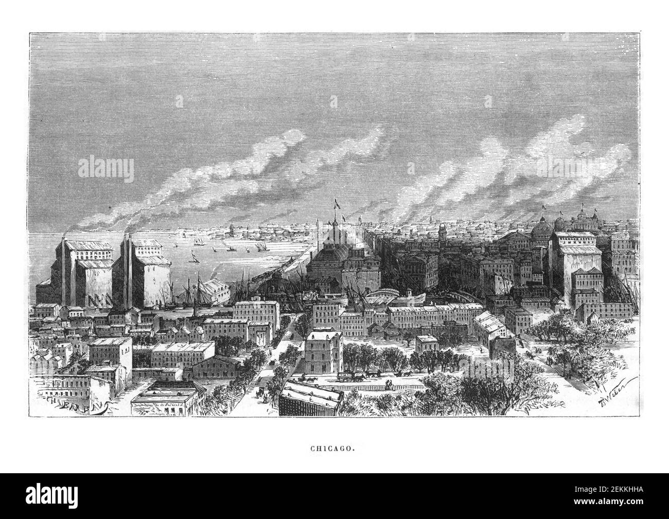 Panoramic view of Chicago in 1871; Engraving in the book “Promenade autour du monde 1871”, fifth edition, Paris, 1877, digitally clean Stock Photo