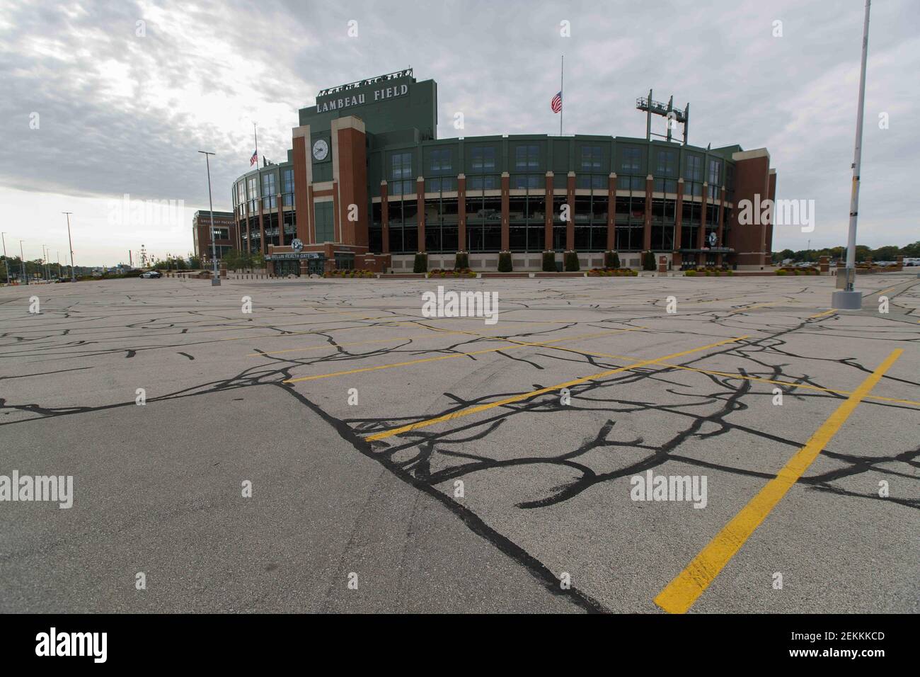 Sep 20, 2020; Green Bay, Wisconsin, USA; General view of empty parking lots  outside of Lambeau Field prior to the game between the Detroit Lions and Green  Bay Packers. Mandatory Credit: Jeff