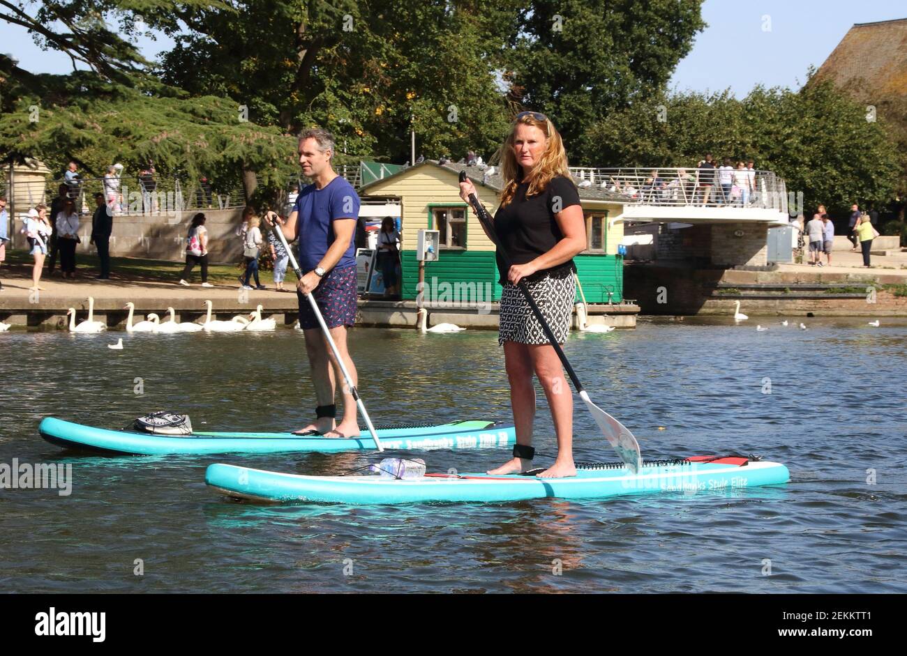 A pair of paddle boarders are seen at River Avon. StratforduponAvon