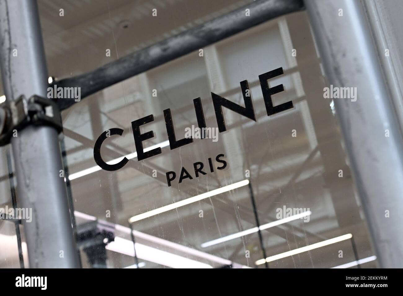 French luxury fashion brand Celine name on its retail store window in the  Soho neighborhood of New York, NY, February 23, 2021. British and Italian  Fashion Week shows are underway in Europe