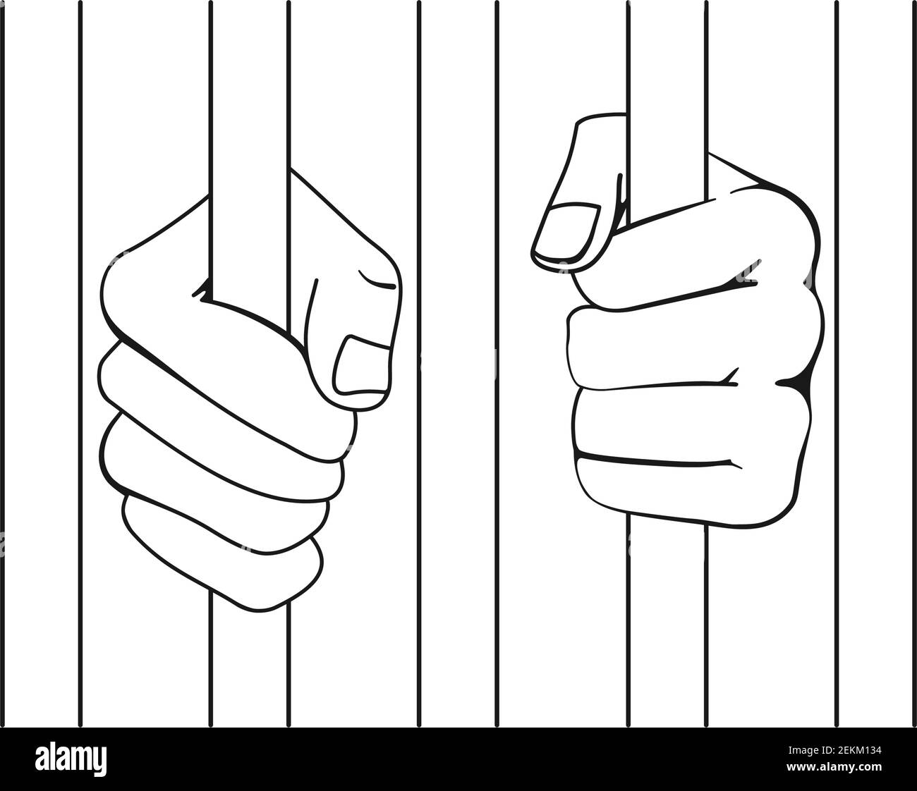 Prisoner fists behind bars or hands holding prison bars in vector outline Stock Vector