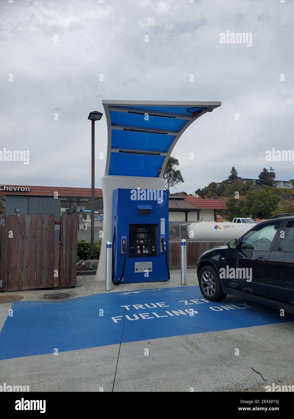 Pump with logos is visible at True Zero hydrogen fuel cell filling station in Marin County, Mill