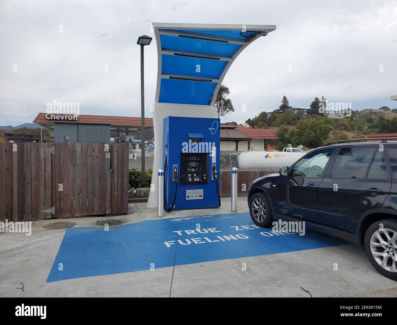 Pump with logos is visible at True Zero hydrogen fuel cell filling station in Marin County, Mill