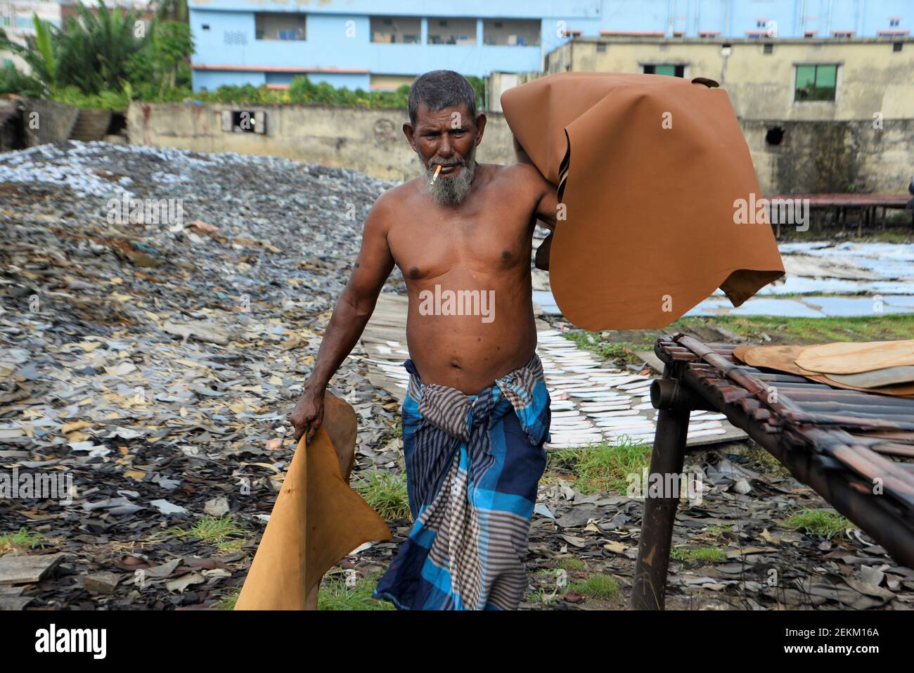 A man is seen carrying tanned animal hides at a tannery in Hazaribagh,  Dhaka. Most of this area people have become victims of pollution due to the  presence of toxic chemicals, mainly