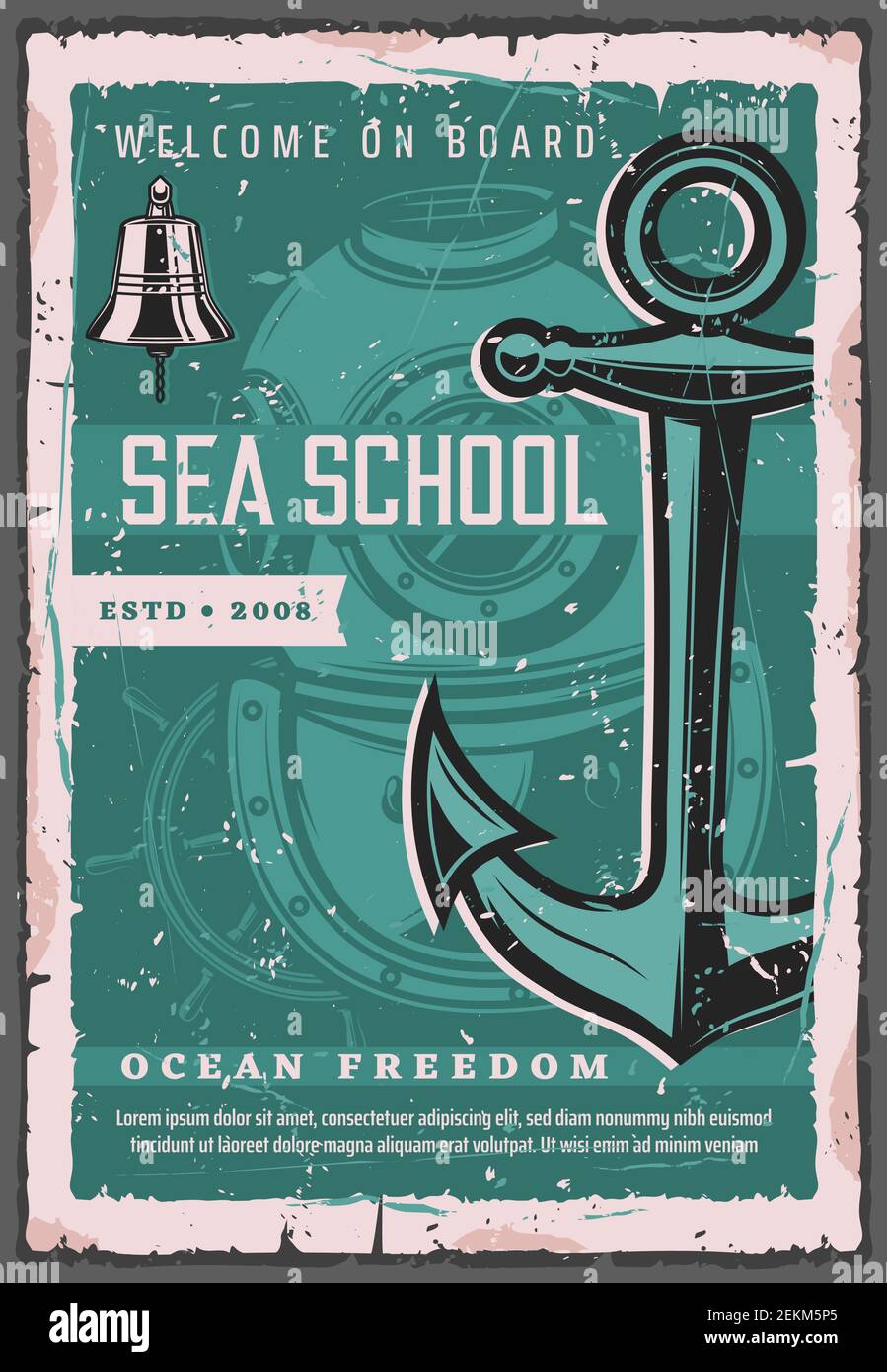 Sea school, diving aqualung and ship anchor. Vector scuba diving trainings, instructor and nautical seafarer sailing. Maritime travel advertisement an Stock Vector